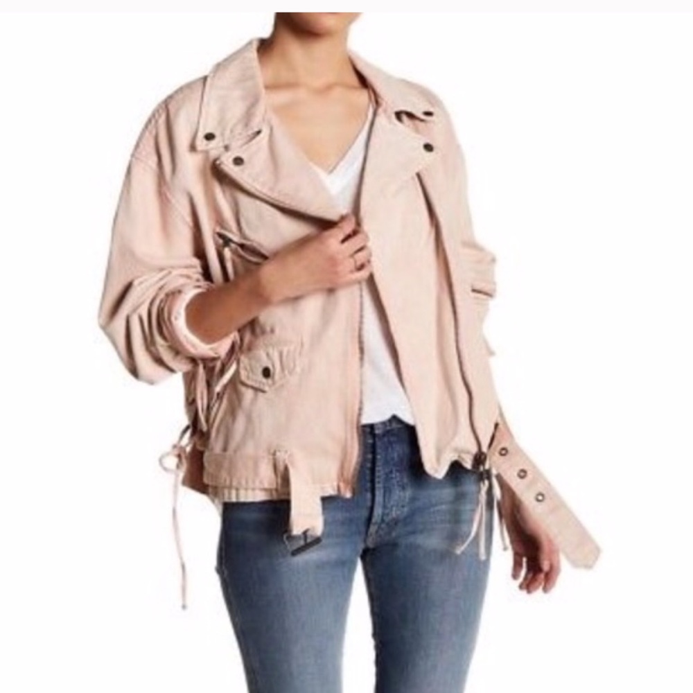 Free People Oversized Denim Moto Jacket in Pink
